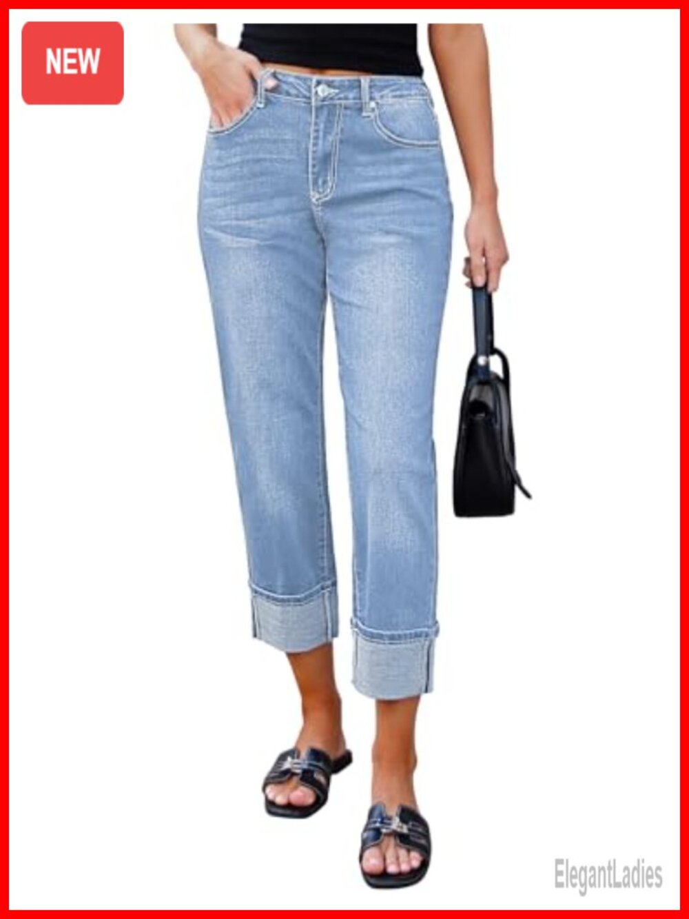 High Waisted Cropped Straight Leg Stretchy Boyfriend Jeans with Pockets